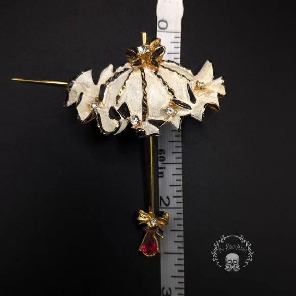 Vintage SIGNED BSK My Fair Lady Gold & White Umbrella Brooch w/ Red Rhinestone - Picture 4 of 4